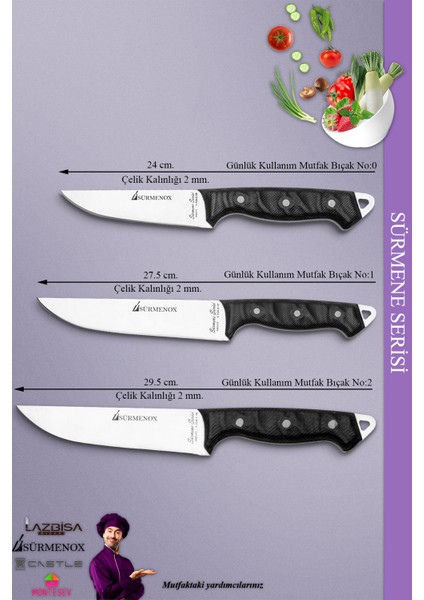 Sürmene Serisi Mutfak Bıçak Seti Et Ekmek Tavuk Sebze Salata Bıçağı 3'lü Set Siyah ( MFT-020 ) fiyatları