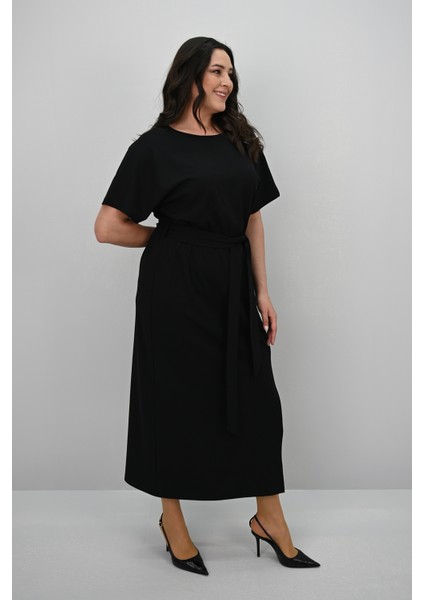 Kadın Büyük Beden Kısa Kollu Kuşaklı Elbise 5297-25 fiyatları