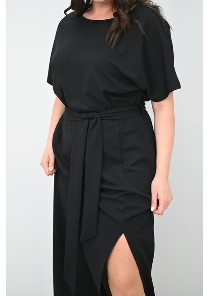 Kadın Büyük Beden Kısa Kollu Kuşaklı Elbise 5297-25 fırsatları
