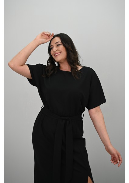 Kadın Büyük Beden Kısa Kollu Kuşaklı Elbise 5297-25 indirimleri