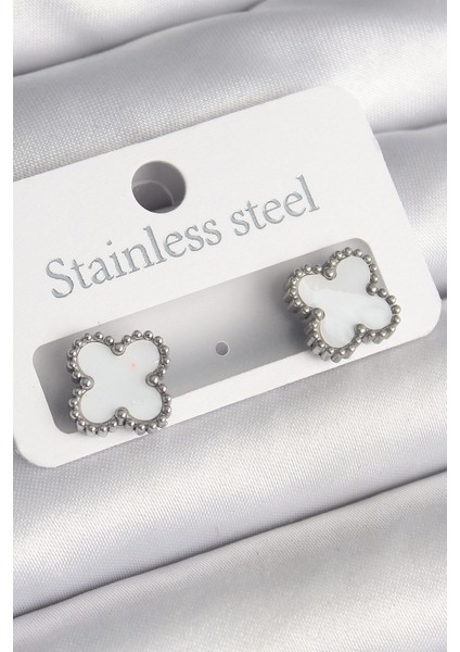 316L Çelik Gümüş Renk Beyaz Yonca Model Kadın Küpe - Lisinya