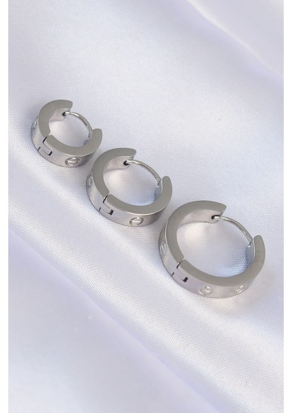 316L Çelik Gümüş Renk Model 3lü Halka Küpe - Lisinya