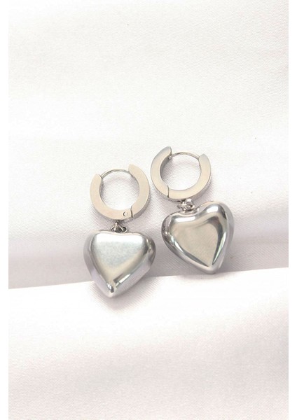 316L Çelik Gümüş Renk Bombeli Kalp Tasarımlı Küpe - Lisinya