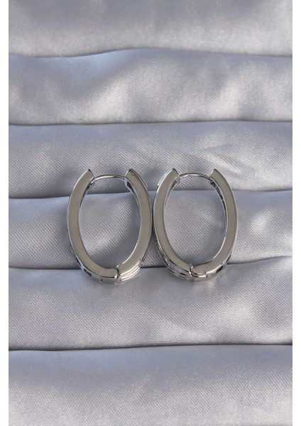Pirinç Gümüş Renk Zirkon Taşlı Oval Model Küpe - Lisinya