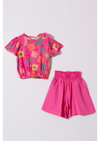 Kız Çocuk Pembe Çiçek Desenli Şortlu Takım