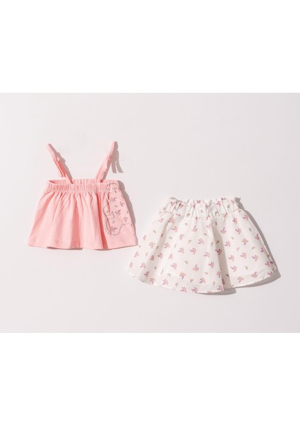 Kız Bebek Çocuk Askılı Pembe Tişört Çiçekli Etekli Takım