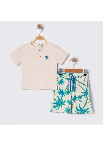 Erkek Çocuk Bej Basic Tişörtlü Palmiye Desenli Şortlu Takım