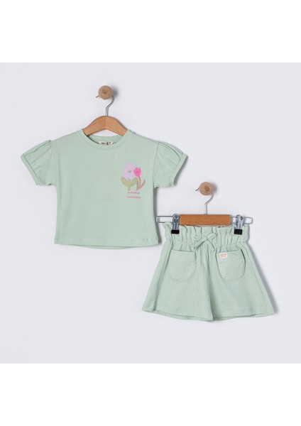 Kız Çocuk Yeşil Çiçek Desenli Şortlu Takım