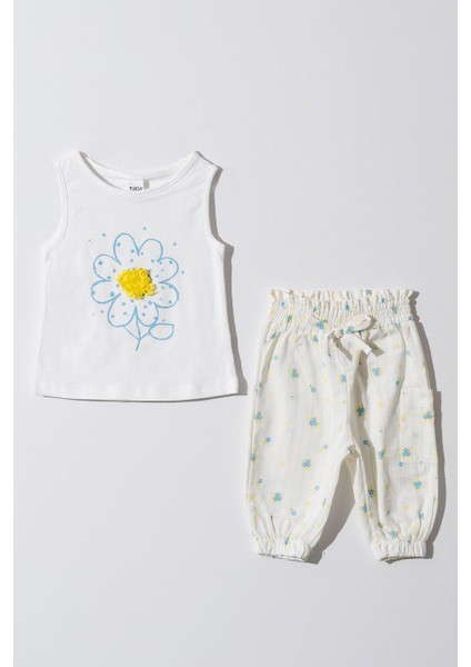 Kız Bebek Çocuk Beyaz Papatya Desenli Pantalonlu Takım