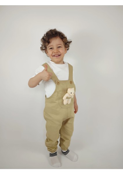 Kısa Kollu Tişört ve Ayıcıklı, Askı Boyu Ayarlanabilen Salopet Tulum 2'li Kız-Erkek Çocuk Takım