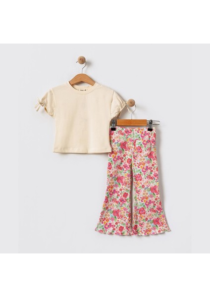 Kız Çocuk Ekru Çiçekli Ispanyolpaça Pantalonlu Takım