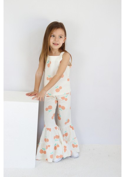 Kız Çocuk Ekru Kiraz Desenli Ispanyol Paça Pantalonlu Takım modelleri