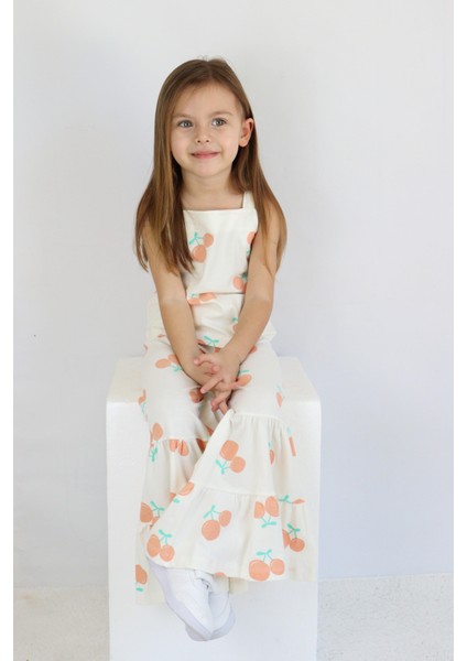 Kız Çocuk Ekru Kiraz Desenli Ispanyol Paça Pantalonlu Takım fırsatları