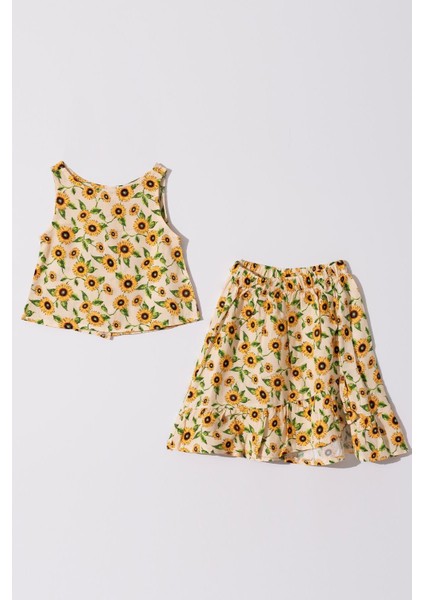 Kız Çocuk Ayçiçekli Desenli Etekli Vizkon Takım