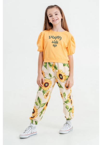 Kız Çocuk Karpuz Kol Ayçiçekli Desenli Lastikli Paca Pantalonlu Takım