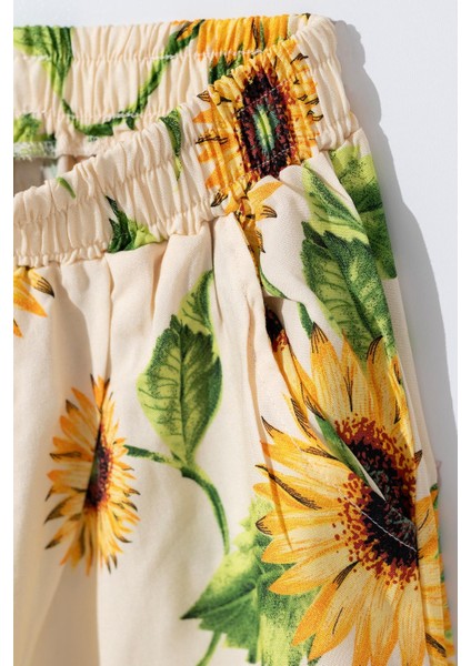 Kız Çocuk Karpuz Kol Ayçiçekli Desenli Lastikli Paca Pantalonlu Takım modelleri