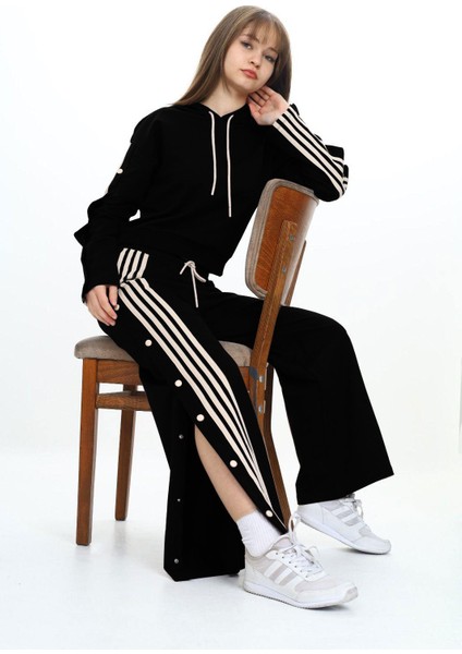 Kız Çocuk Çizgili Kapüşonlu Alt&üst Eşofman Takımı – %100 Pamuk, Oversize, Lastikli BEL-EŞT-030 fırsatları