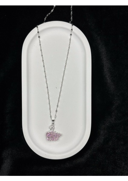 Gümüş Kaplama Pembe Zirkon Taşlı Kuğu Kolye