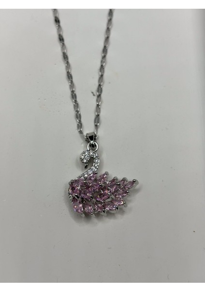 Gümüş Kaplama Pembe Zirkon Taşlı Kuğu Kolye fiyatları