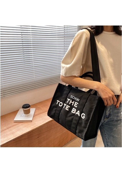 Kadın Basit Moda Crossbody Çanta Mektup Baskı Tote Kanvas Omuz Çantası (Yurt Dışından)
