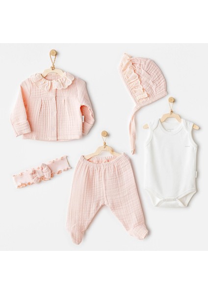 Kız Bebek Hastane Çıkışı 5 Pcs Newborn Set Natural Gift Muslin AC25840