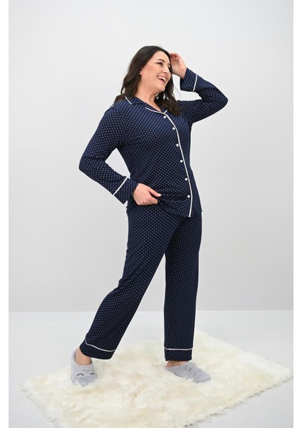 Kadın Büyük Beden Uzun Kollu Önden Düğmeli Pijama Takımı 4234-25 modelleri