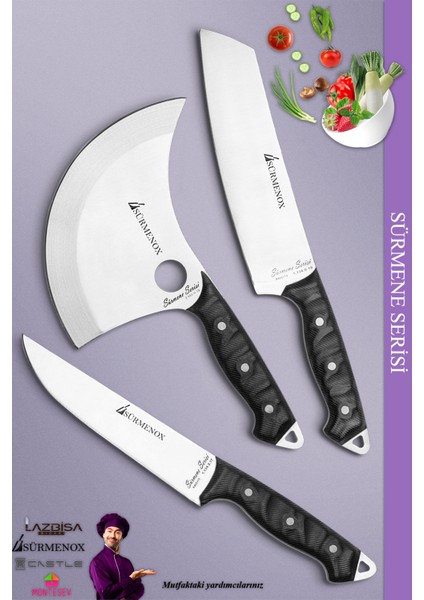 Sürmene Serisi Mutfak Şef Bıçak Seti Et Ekmek Salata Börek Pizza Şef Bıçağı 3'lü Set Siyah (MFT-023)