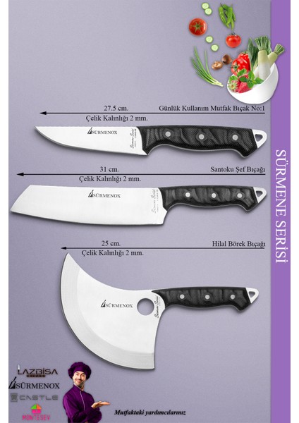 Sürmene Serisi Mutfak Şef Bıçak Seti Et Ekmek Salata Börek Pizza Şef Bıçağı 3'lü Set Siyah (MFT-023) fiyatları