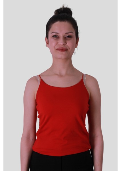 Lastik Askı Kırmızı Kadın Kolsuz T-Shirt 580-04