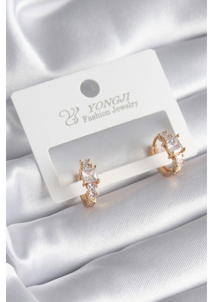 Pirinç Gold Renk Zirkon Taşlı Kadın Küpe - Lisinya