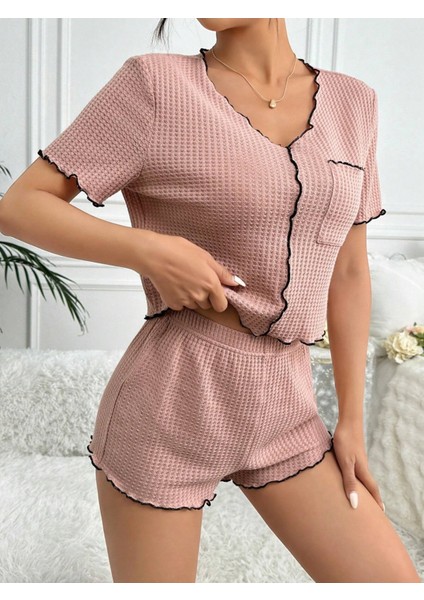 Kadın Pijama Takımı Gül Kurusu Renkli Kısa Kollu Pamuklu Özel Örme Kumaş