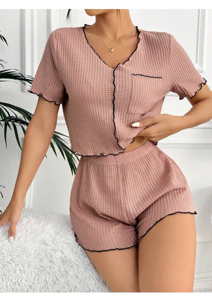 Kadın Pijama Takımı Gül Kurusu Renkli Kısa Kollu Pamuklu Özel Örme Kumaş indirimleri
