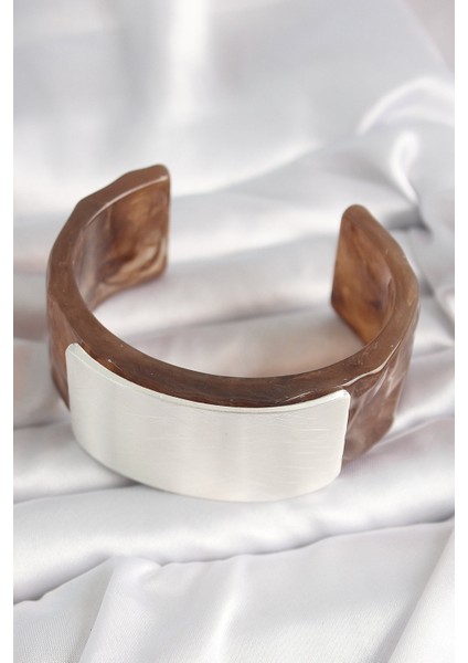 Kahverengi Mermer Desen Akrilik Plastik Gümüş Dikdörtgen Plaka Vintage Kadın Bilezik - Lisinya fiyatları