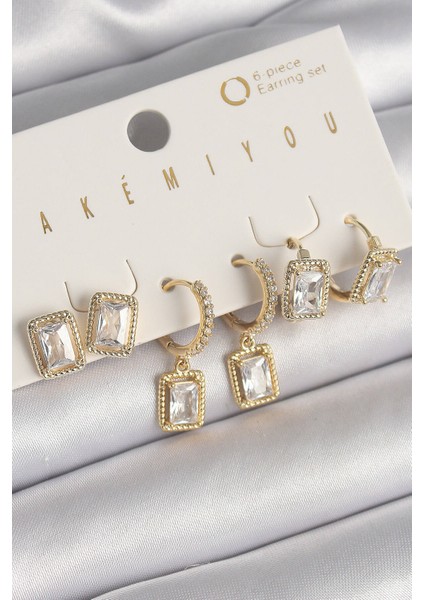 Pirinç Gold Renk Sallantı Kare Zirkon Taşlı Vıp Seri Kadın Küpe Seti - Lisinya