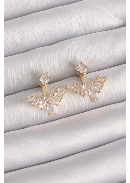 Pirinç Gold Renk Zirkon Taşlı V Model Küpe - Lisinya