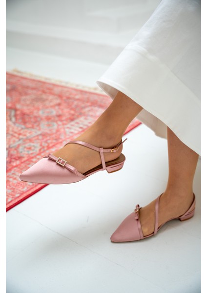 Flipy Pudra Saten Taşlı Fiyonklu Kadın Babet