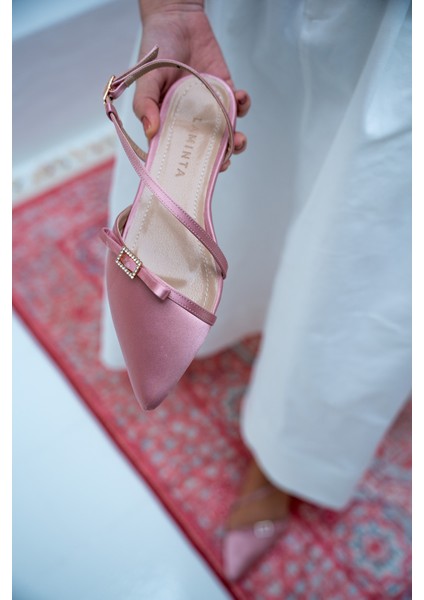 Flipy Pudra Saten Taşlı Fiyonklu Kadın Babet modelleri