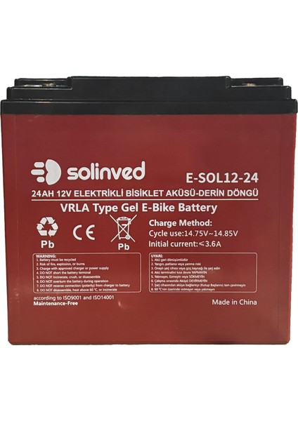 SOLİNVED12V 24AH Vrla Type Elektrikli Bisiklet Aküsü (Premium)