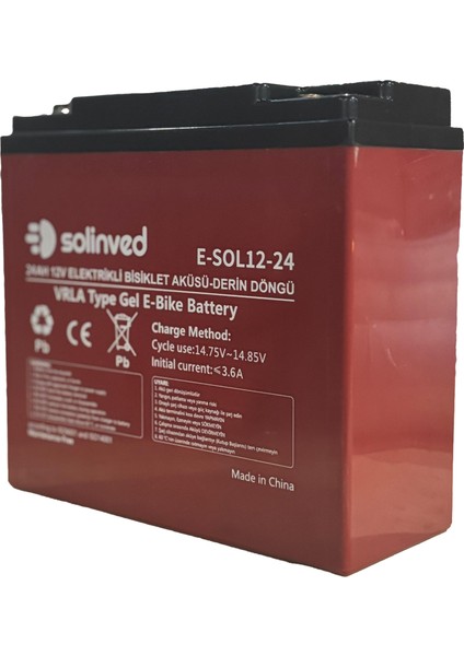 SOLİNVED12V 24AH Vrla Type Elektrikli Bisiklet Aküsü (Premium)