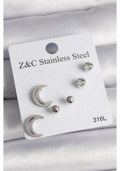 316L Çelik Gümüş Renk Zirkon Taşlı Hilal Model Kadın Küpe Seti - Lisinya