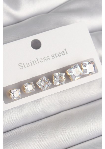 316L Çelik Gold Renk Kare Zirkon Taş Model Kadın Küpe Seti - Lisinya