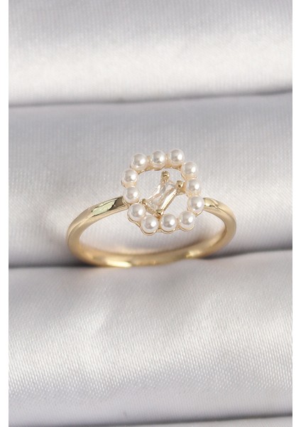 Pirinç Gold Renk Zirkon Taş Detaylı İncili Ayarlanabilir Yüzük - Lisinya