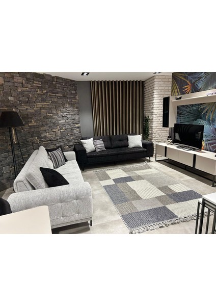 Side 1403 Gri Mavi Iskandinav Desenli Koridor Halısı Kesme Yolluk Mutfak Halısı Modern Salon Halısı