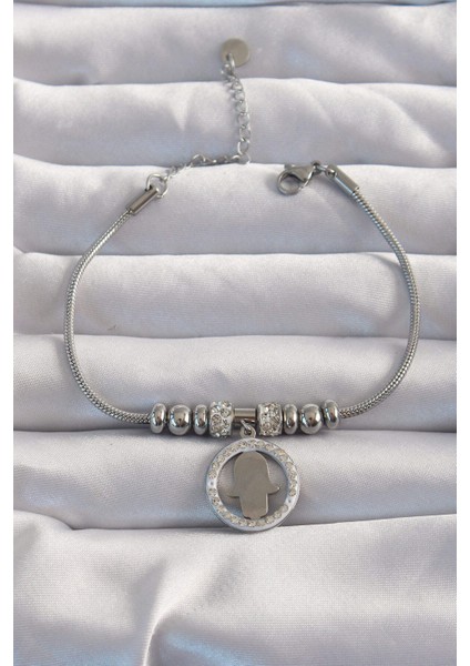 316L Çelik Gümüş Renk Zirkon Taş Aksesuarlı Fatma Ana Eli Bileklik - Lisinya