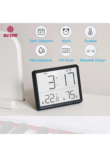 Dijital Mini Saat LCD Ultra Ince Mıknatıslı Buzdolabı Saati Alarmlı Nem ve Sıcaklık Göstergeli 9 x 7 cm