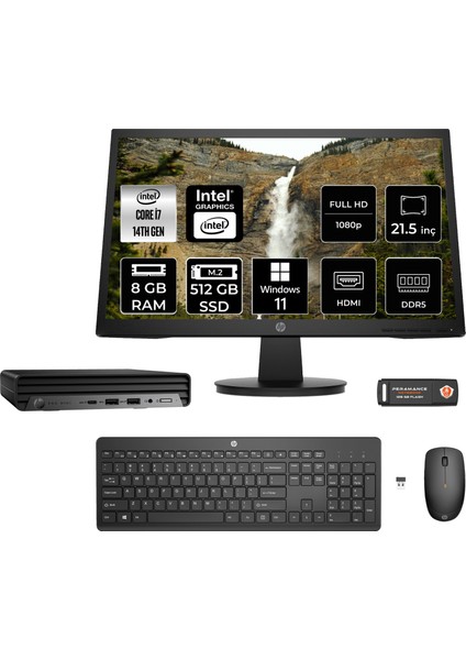 Pro Mini 400 G9 Intel Core I7 14700T 8gb 512GB SSD 21.5" Fhd Monitör Windows 11 Home Mini Masaüstü Bilgisayar & Per4 USB Bellek 9H6W3ETMNT342
