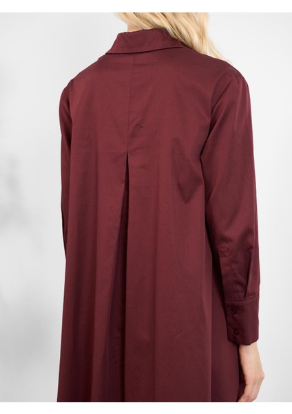 Poplin Oversize Uzun Gömlek Elbise Bordo