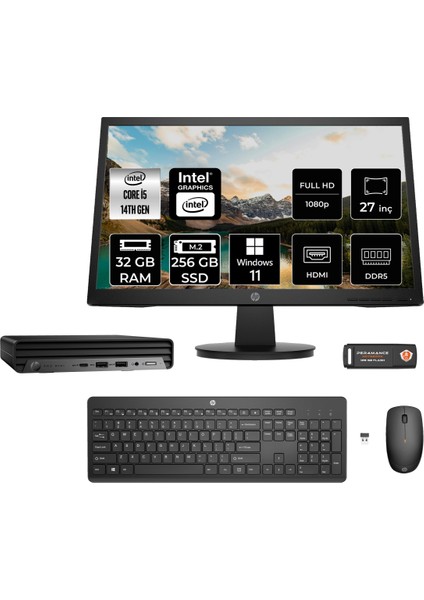 Pro Mini 400 G9 Intel Core I5 14500T 32GB 256GB SSD 27" Fhd Monitör W11P Mini Masaüstü Bilgisayar & Per4 USB Bellek 937R4EAMNT396
