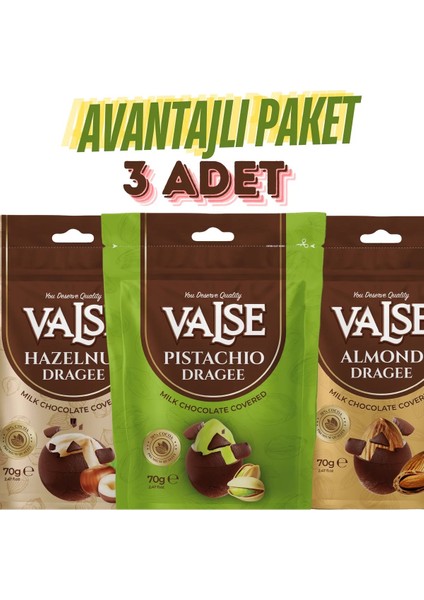 70 gr x 3 Adet Sütlü Çikolata Kaplı Draje Antep Fıstığı, Fındık, Badem