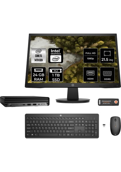 Pro Mini 400 G9 Intel Core I5 14500T 24GB 1tb SSD 21.5" Fhd Monitör Fdos Mini Masaüstü Bilgisayar & Per4 USB Bellek 937R4EAMNT313